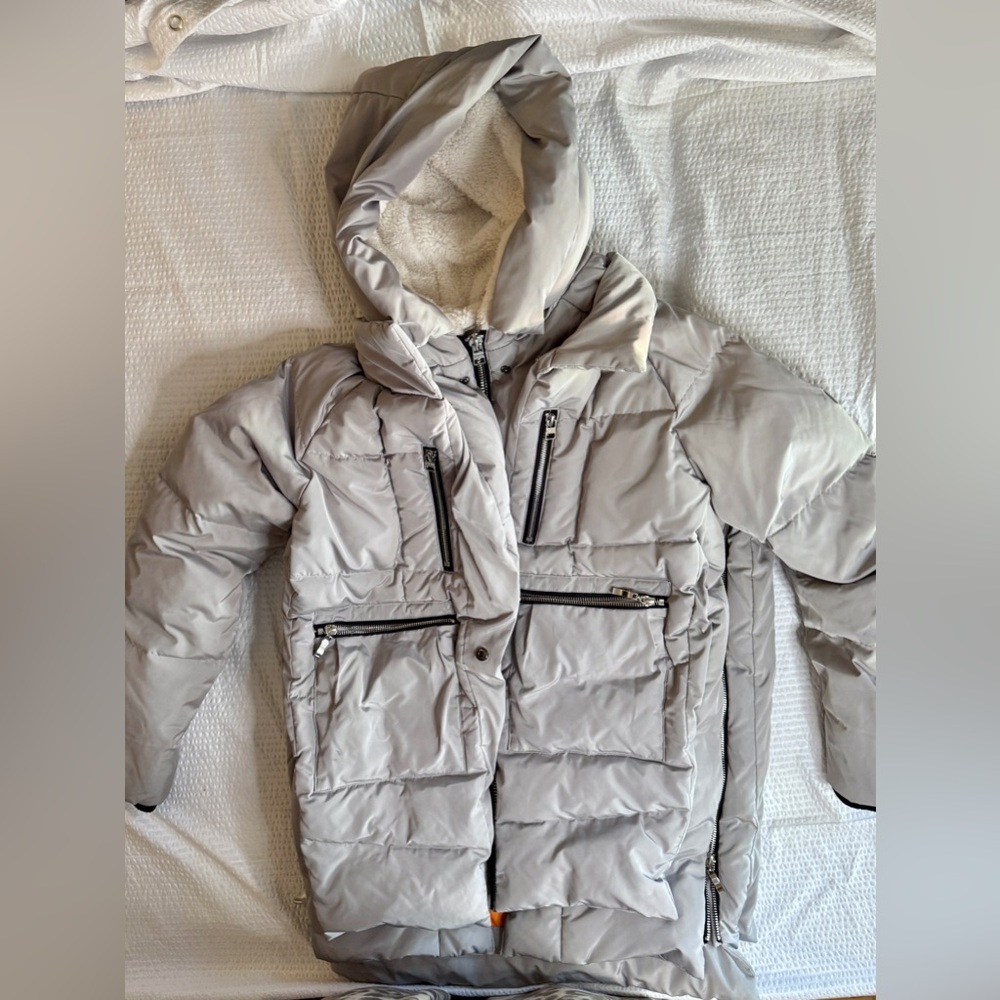 Orolay Gray Down Puffer Coat Small | Sherpa Hood 6 Pocket Side Zip Winter Jacket